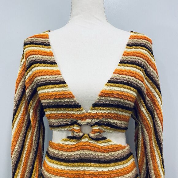 12TH TRIBE S Free Bird Mini Cut Out Dress Crochet Bodycon Stretch Hippie 70s - Picture 3 of 16